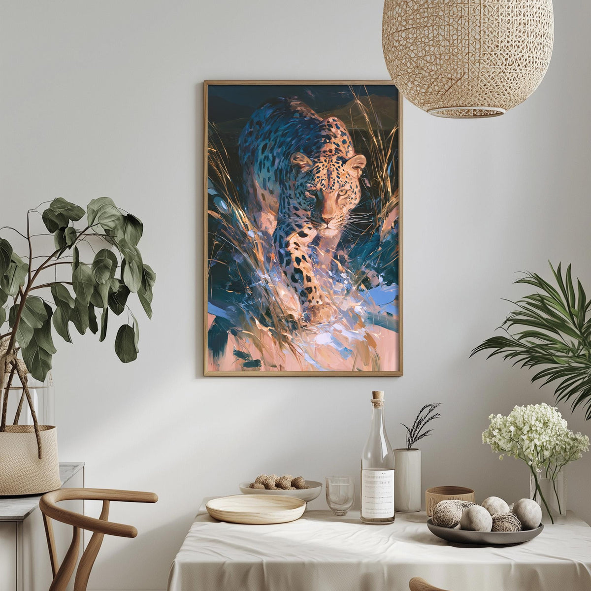 a dining table with a white tablecloth, a bowl of fruit, a bottle, and a vase with flowers. Above the table, there is a framed painting of a leopard.