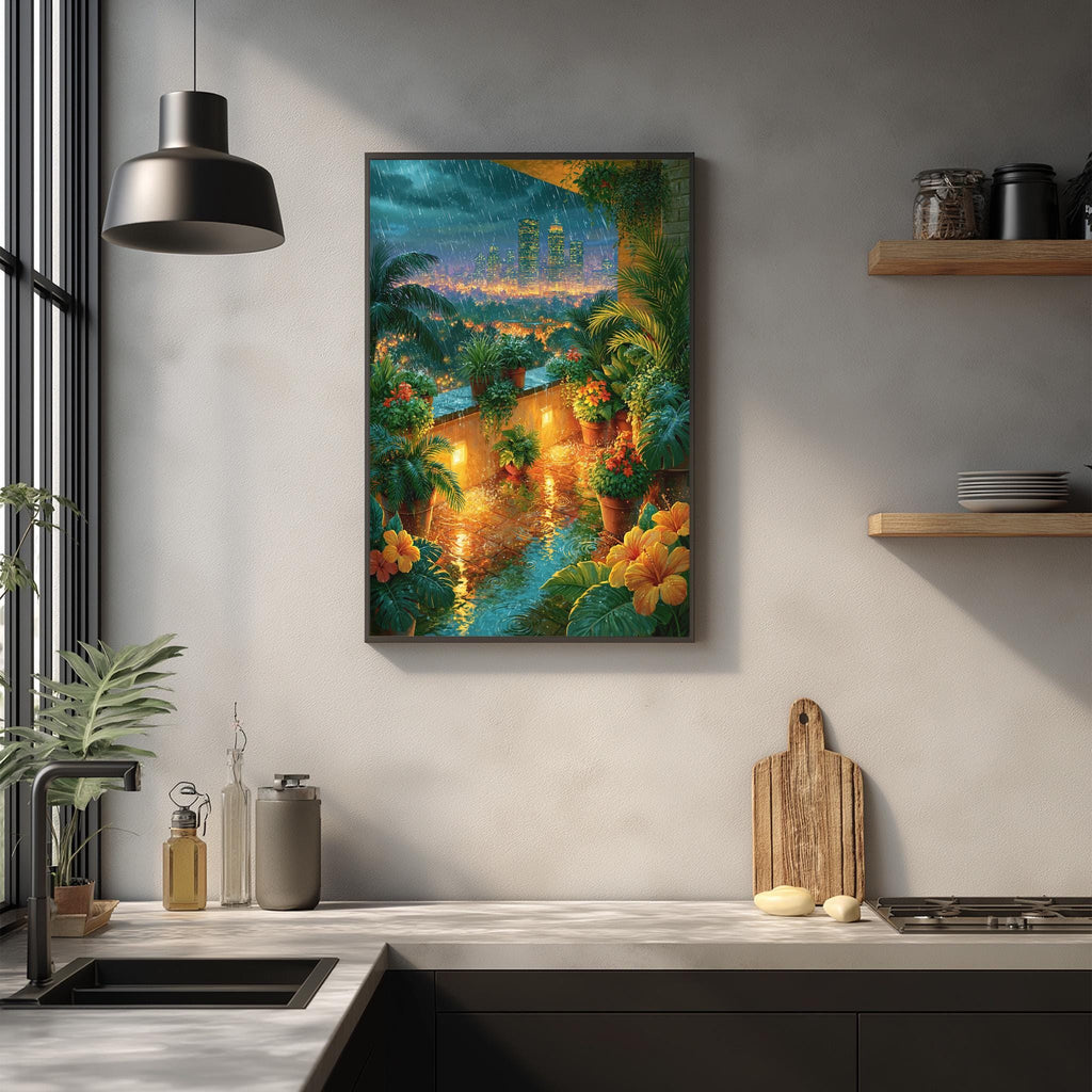 a kitchen scene with a framed painting of a tropical garden hanging on the wall above a countertop with various kitchen items such as a cutting board, a soap dispenser, and a vase.