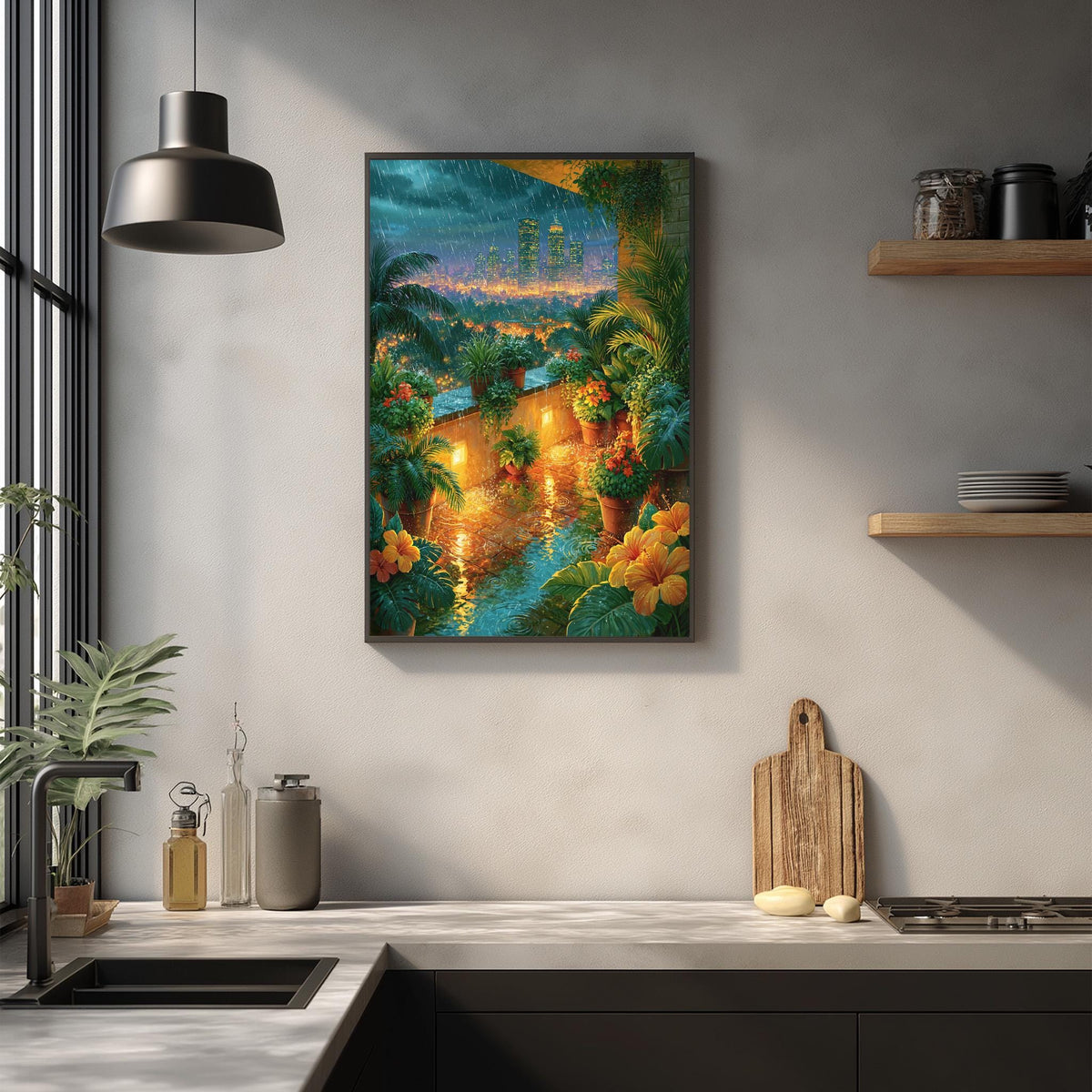 a kitchen scene with a framed painting of a tropical garden hanging on the wall above a countertop with various kitchen items such as a cutting board, a soap dispenser, and a vase.