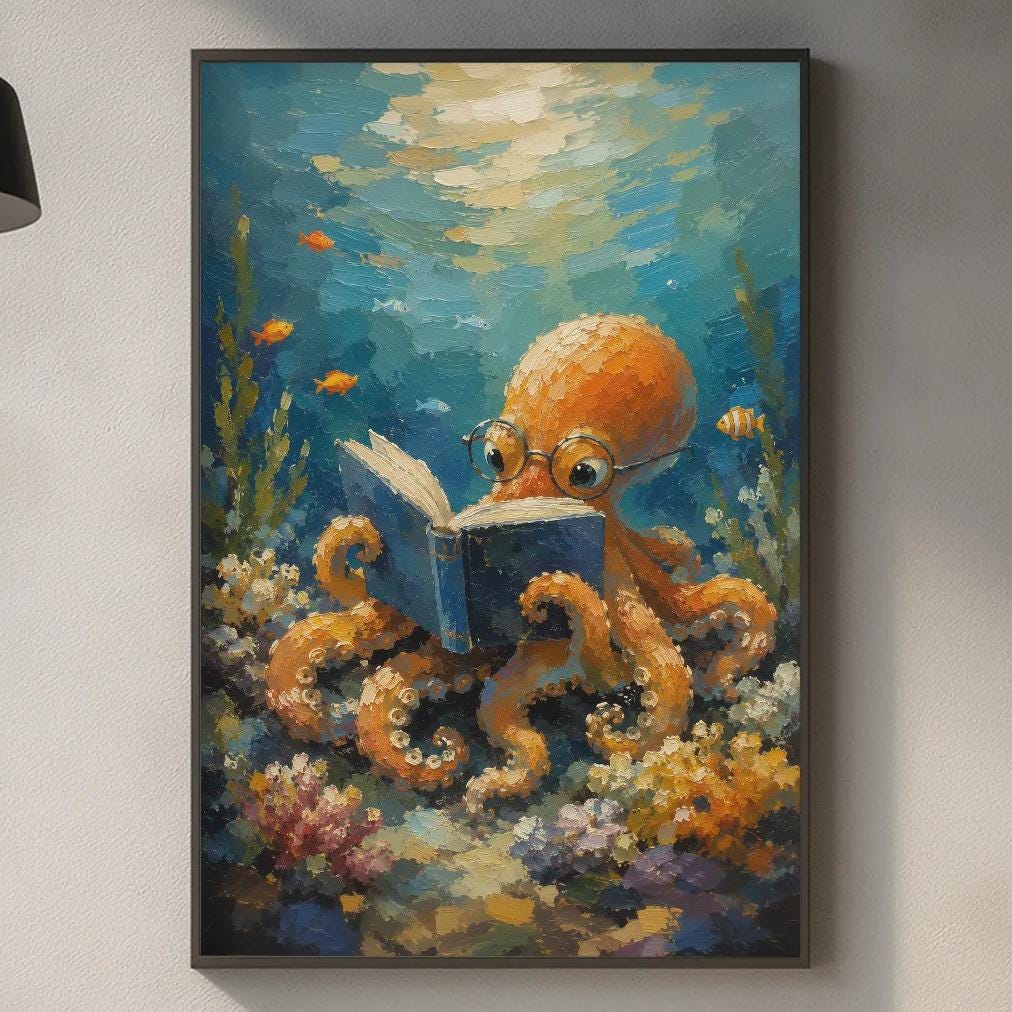 a painting of an orange octopus reading a book underwater, hanging on a wall above a kitchen counter with various kitchen items and decor.