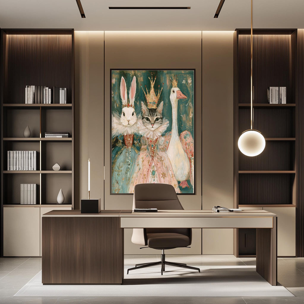 a modern and stylish office space with a large painting of three animals - a rabbit, a cat, and a goose - dressed in regal attire, including a crown, on the wall. The office features a wooden desk with a chair, and a bookshelf filled with books and decorative items.