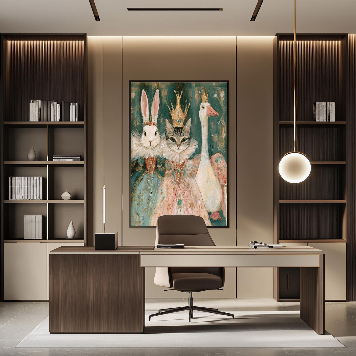 a modern and stylish office space with a large painting of three animals - a rabbit, a cat, and a goose - dressed in regal attire, including a crown, on the wall. The office features a wooden desk with a chair, and a bookshelf filled with books and decorative items.