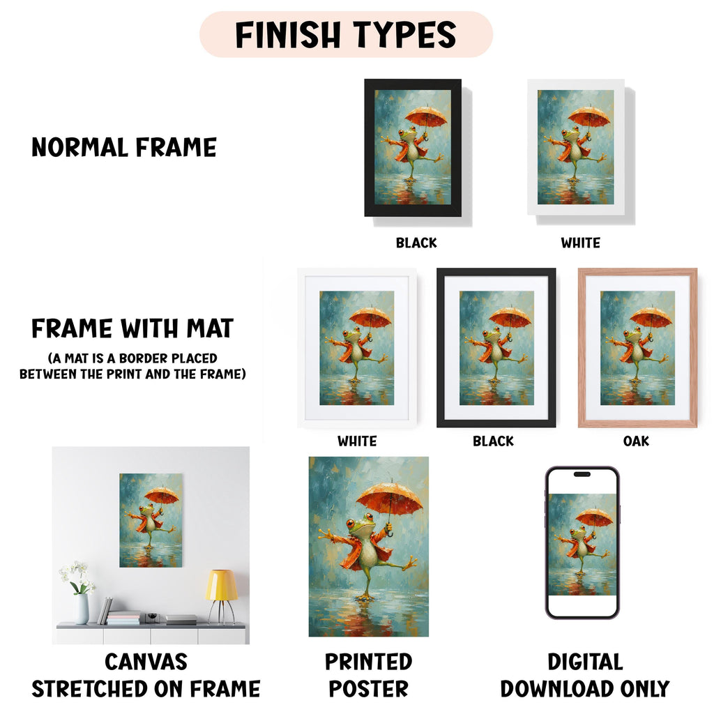 various framed artworks, including a painting of a frog holding an umbrella, a framed photograph of a frog in the rain, and a framed photograph of a frog in the rain. The artworks are displayed in different frame types, such as a normal frame, a frame with a mat, a white frame, a black frame, and an oak frame. The artworks are also described as being printed on poster, stretched on frame, and digital download only.