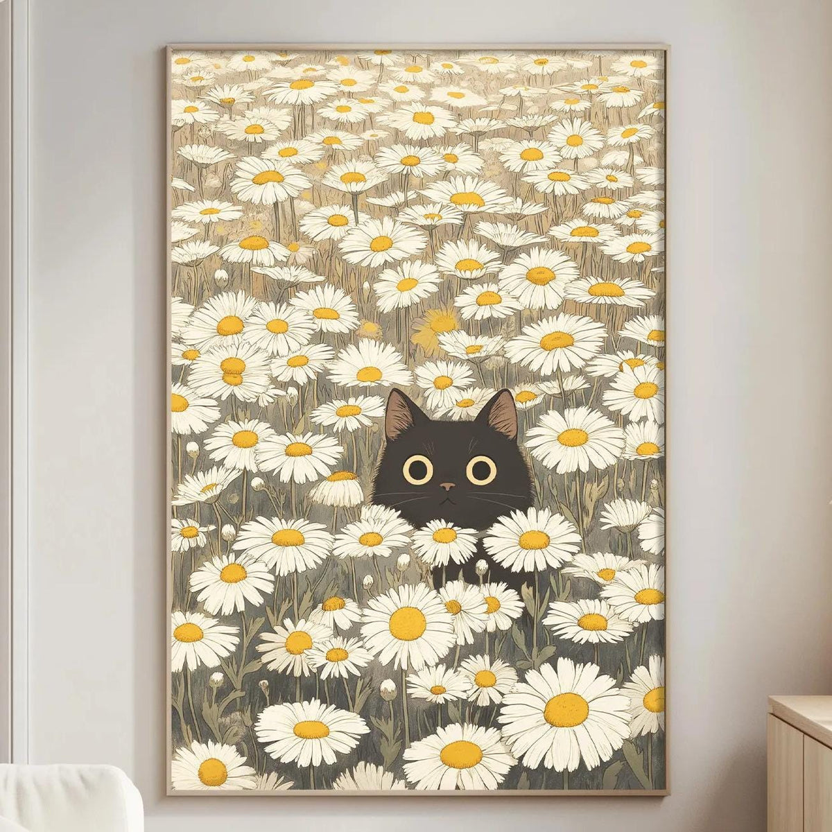 a large framed painting of a black cat peeking out from a field of white daisies hanging on a wall in a living room.