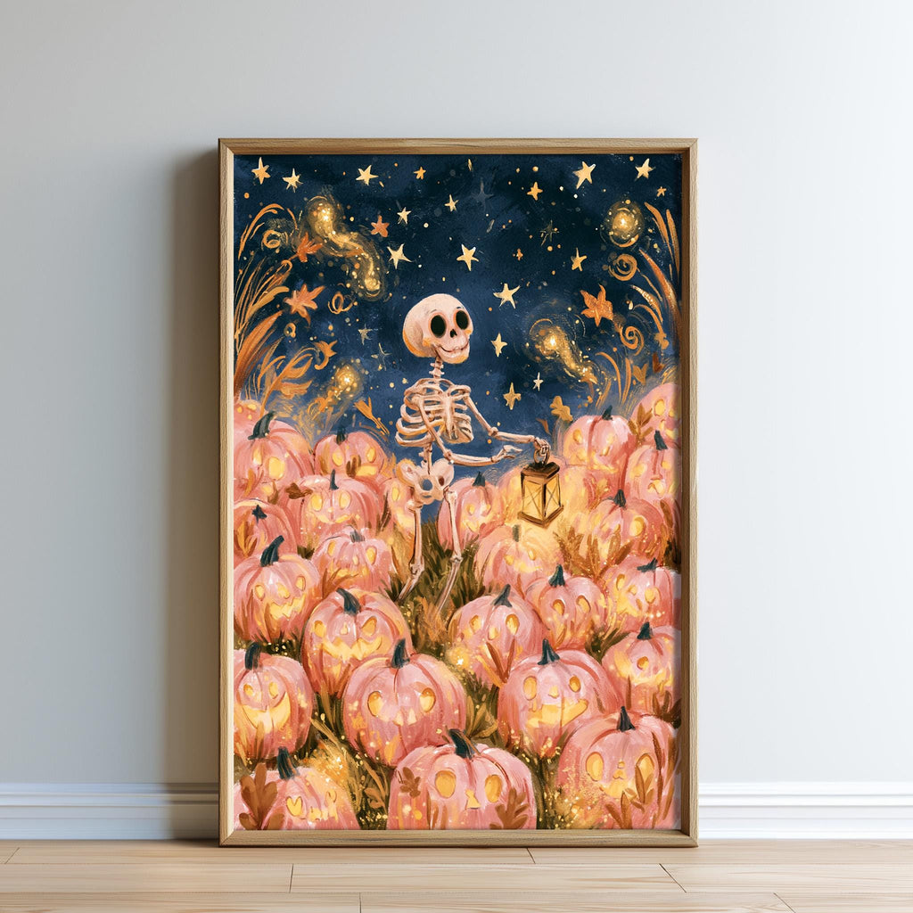 A framed illustration depicting a skeleton holding a lantern amidst a field of glowing jack-o'-lanterns, set against a starry night sky.