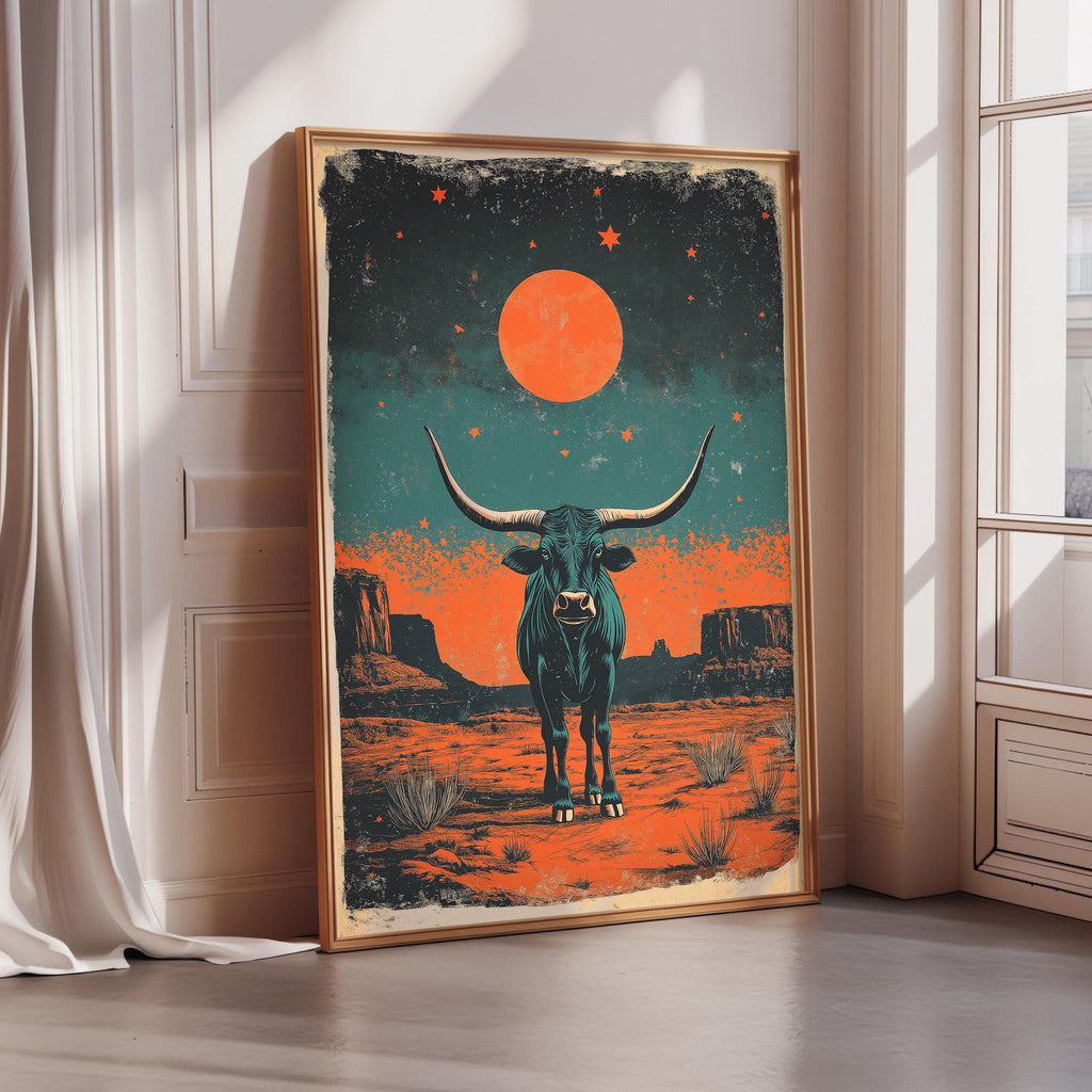 a large framed artwork depicting a bull with horns and a starry night sky in the background.