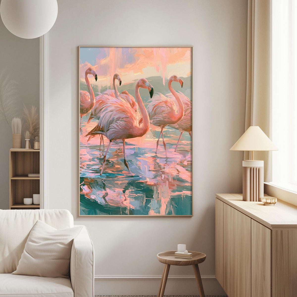 a large painting of pink flamingos in a serene body of water, hanging on a wall in a living room.