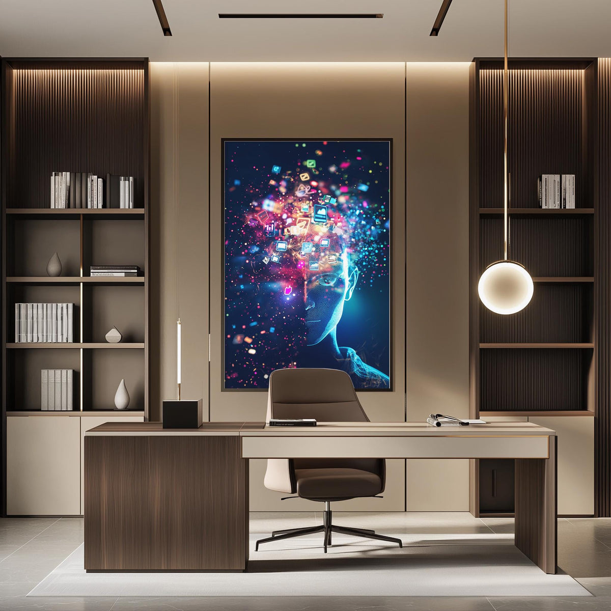 a modern office space with a large, colorful painting of a face on the wall behind a desk. The desk has a chair and a lamp, and there are several bookshelves on either side of the desk. The overall design of the space is contemporary and visually appealing.
