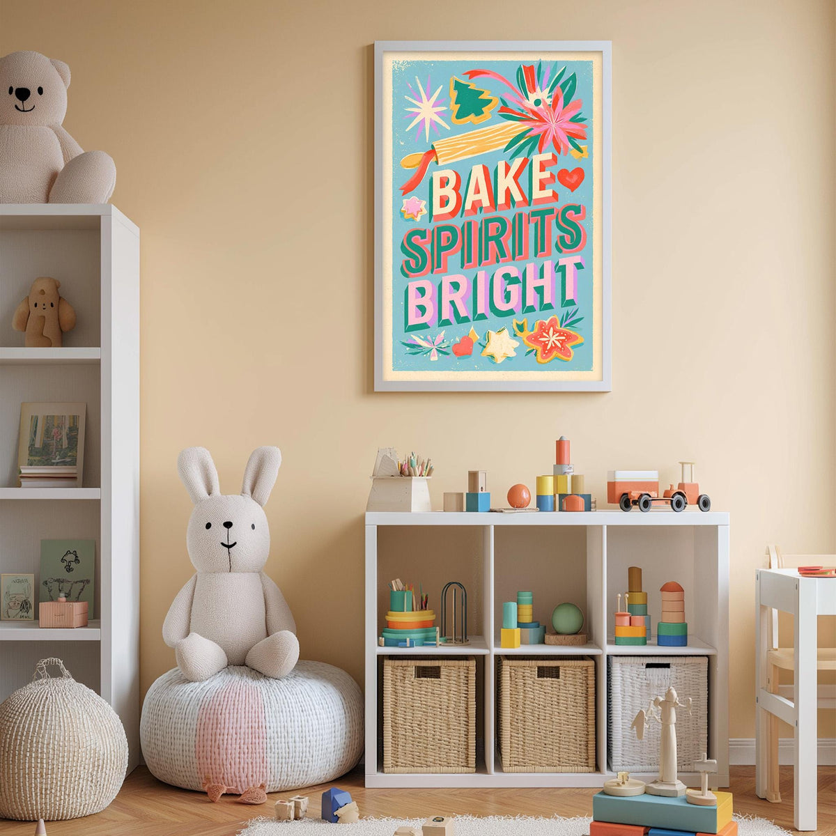 The image is a child's bedroom with a white bookshelf, a stuffed rabbit, and a colorful poster on the wall.