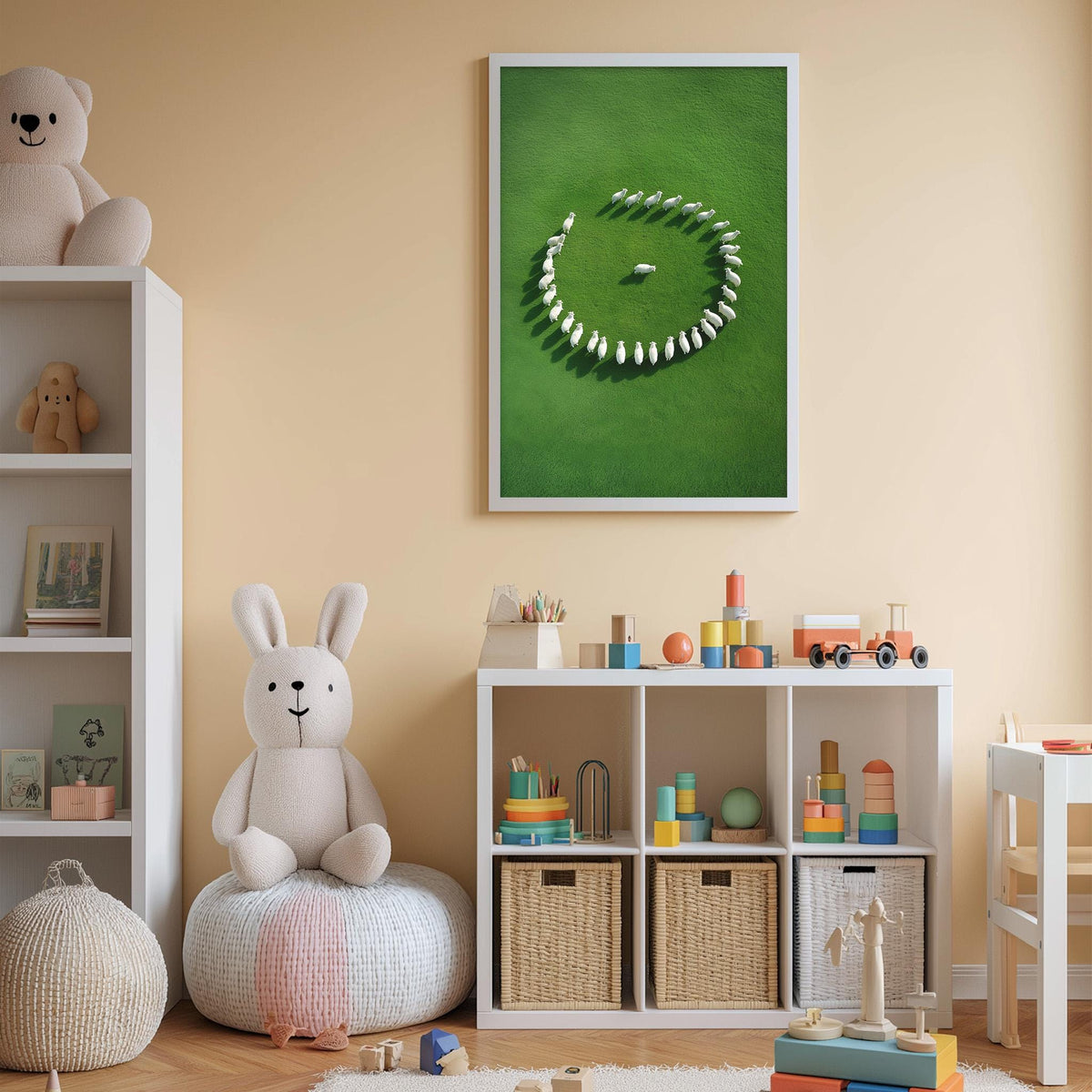A cozy children's room with a white rabbit sitting on a bean bag chair, surrounded by shelves filled with toys and books, and a framed picture of a green field with a group of white sheep arranged in a circle.