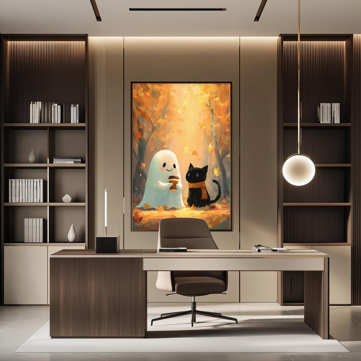 a modern office space with a large framed artwork depicting a ghost and a cat on the wall. The office has a wooden desk, a chair, and a bookshelf filled with books. The overall design and decor create a cozy and inviting atmosphere.
