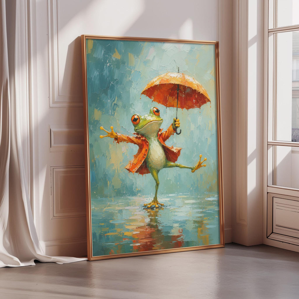 A framed painting depicting a frog standing in water, holding an umbrella and appearing to dance.