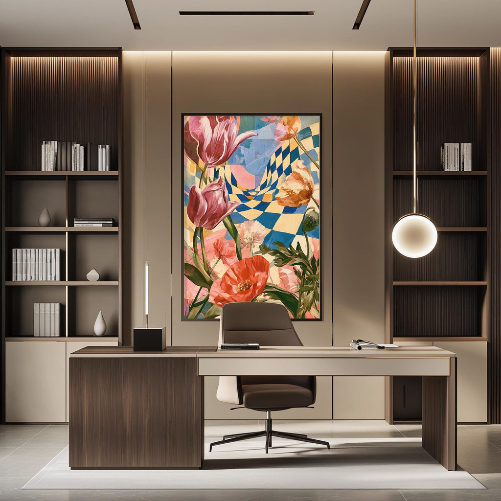 a modern and stylish office space with a large, colorful painting of flowers on the wall behind a desk. The desk is positioned in front of the painting, creating a focal point in the room. The office also features built-in bookshelves and a pendant light, contributing to the overall contemporary design.