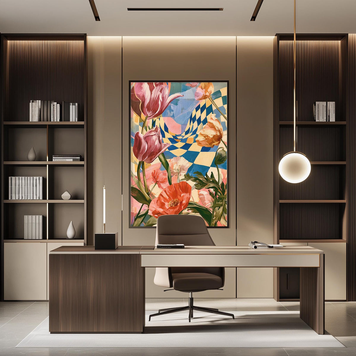 a modern and stylish office space with a large, colorful painting of flowers on the wall behind a desk. The desk is positioned in front of the painting, creating a focal point in the room. The office also features built-in bookshelves and a pendant light, contributing to the overall contemporary design.