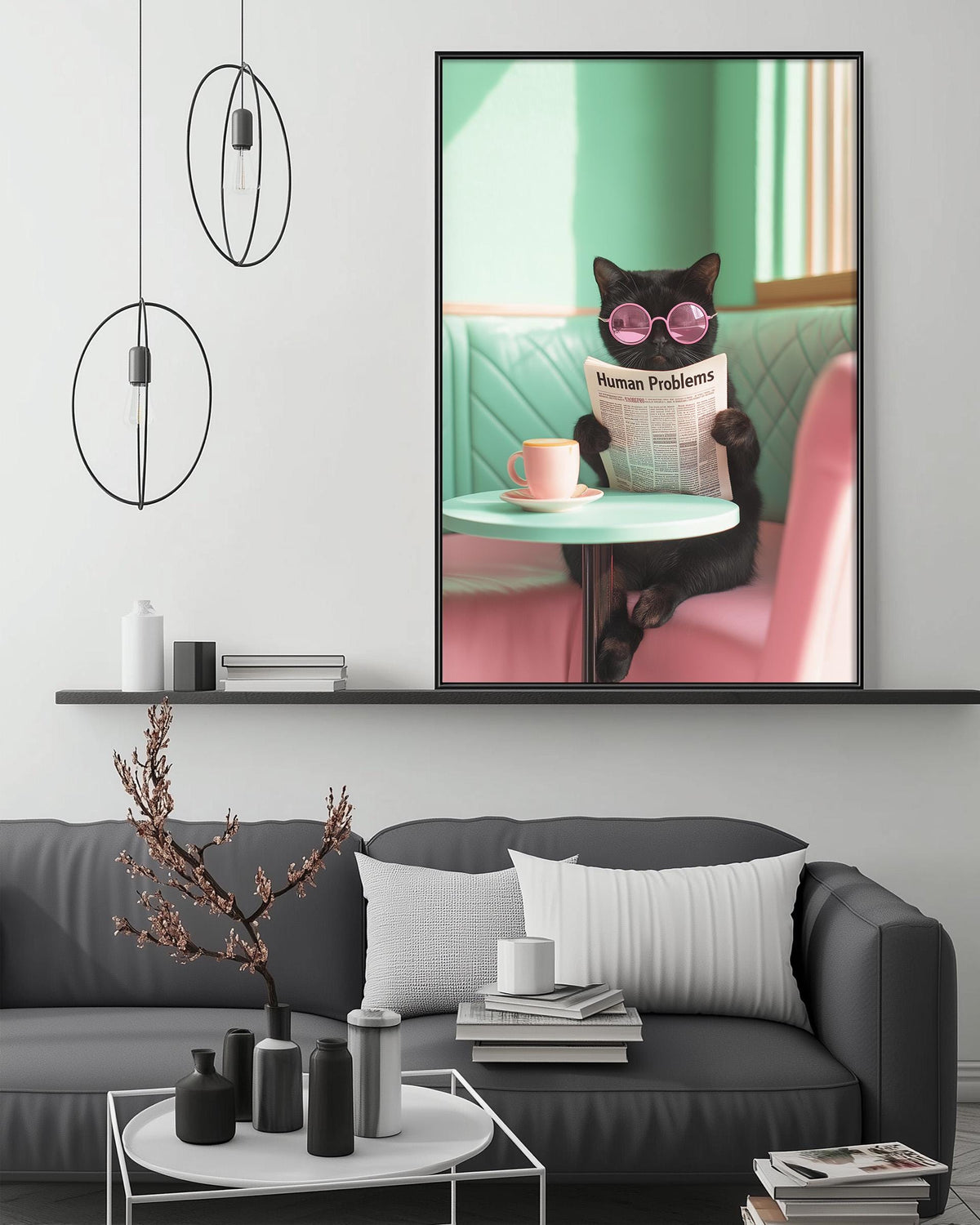 A black cat wearing sunglasses is sitting on a pink couch, reading a newspaper with the headline "Human Problems". The cat is surrounded by various objects, including a coffee cup, a vase, and a stack of books, creating a cozy and whimsical atmosphere.