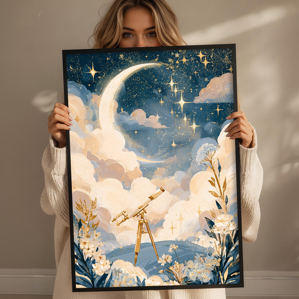 A woman holds up a framed artwork depicting a crescent moon, stars, and a telescope in a starry night sky with clouds and flowers.
