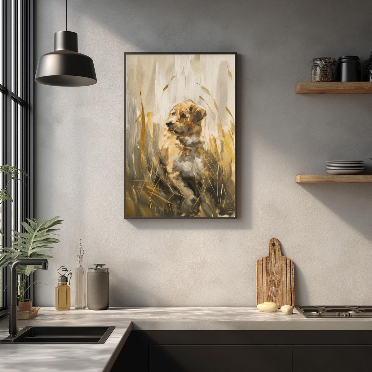 a kitchen counter with a framed painting of a dog in a field hanging above it. The painting is a vibrant depiction of a dog in a grassy field, with a warm and earthy color palette. The kitchen counter is equipped with various items, including a cutting board, a bottle, and a vase, creating a cozy and lived-in atmosphere.