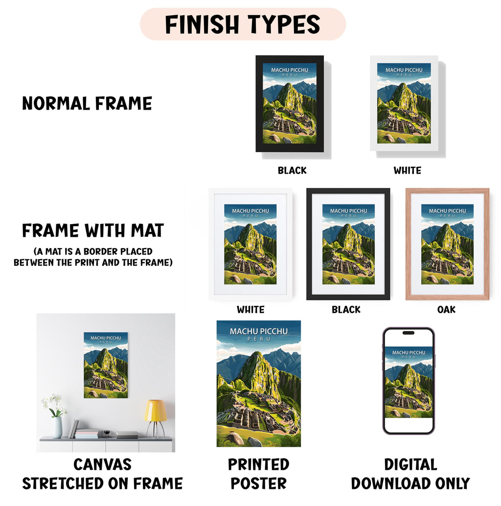 a collection of framed pictures, each with a different finish type, including a normal frame, a black frame, a white frame, a black frame, and an oak frame. The pictures depict the Machu Picchu ruins, showcasing the ancient Inca citadel in Peru. The frames are arranged in a grid format, with each frame displaying a different finish type and the Machu Picchu image. The text in the image provides information about the finish types and the pictures they are associated with.