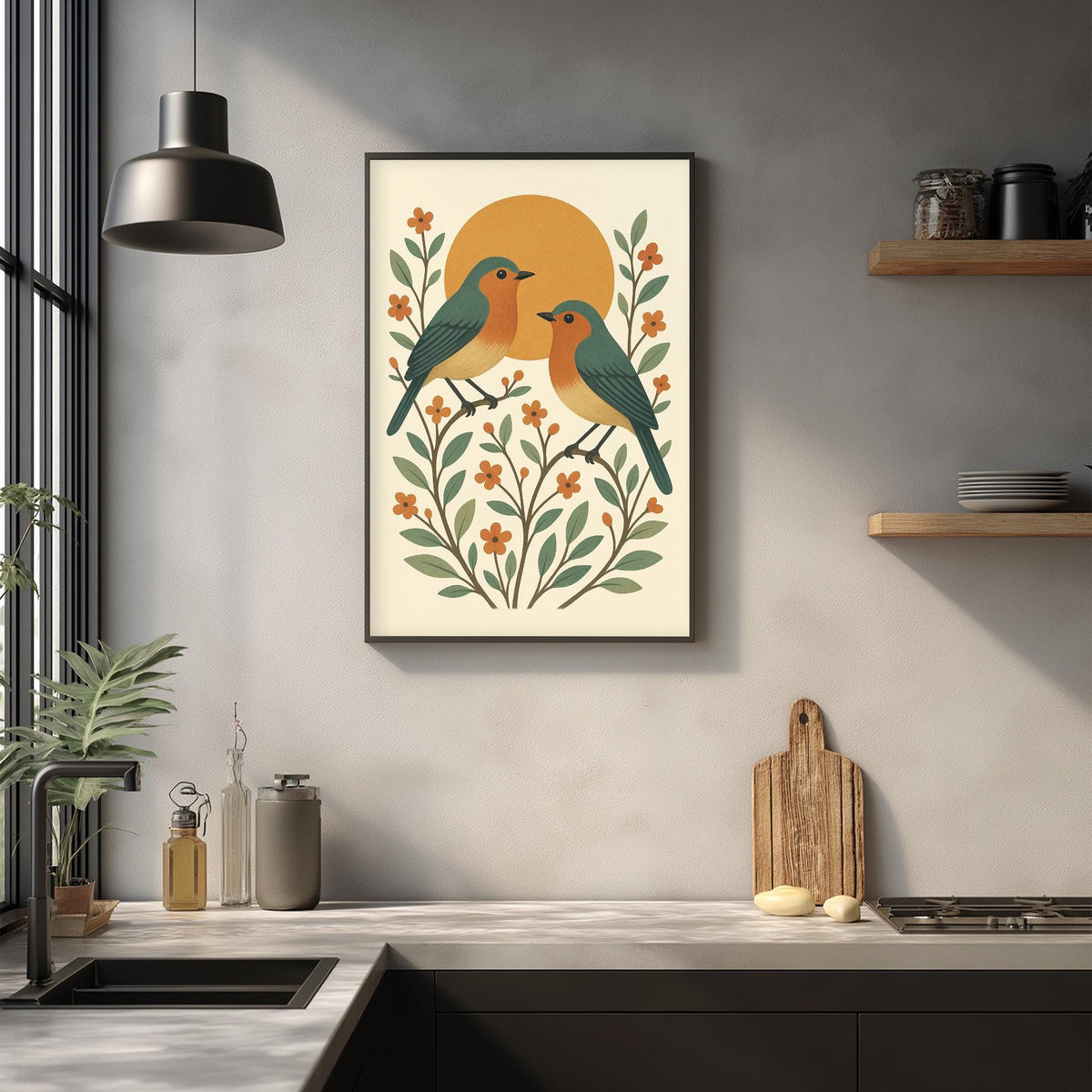 a framed illustration of two birds perched on branches with orange flowers, set against a yellow sun in the background. The illustration is displayed on a wall above a kitchen counter with various kitchen items such as a cutting board, a bottle, and a bowl.