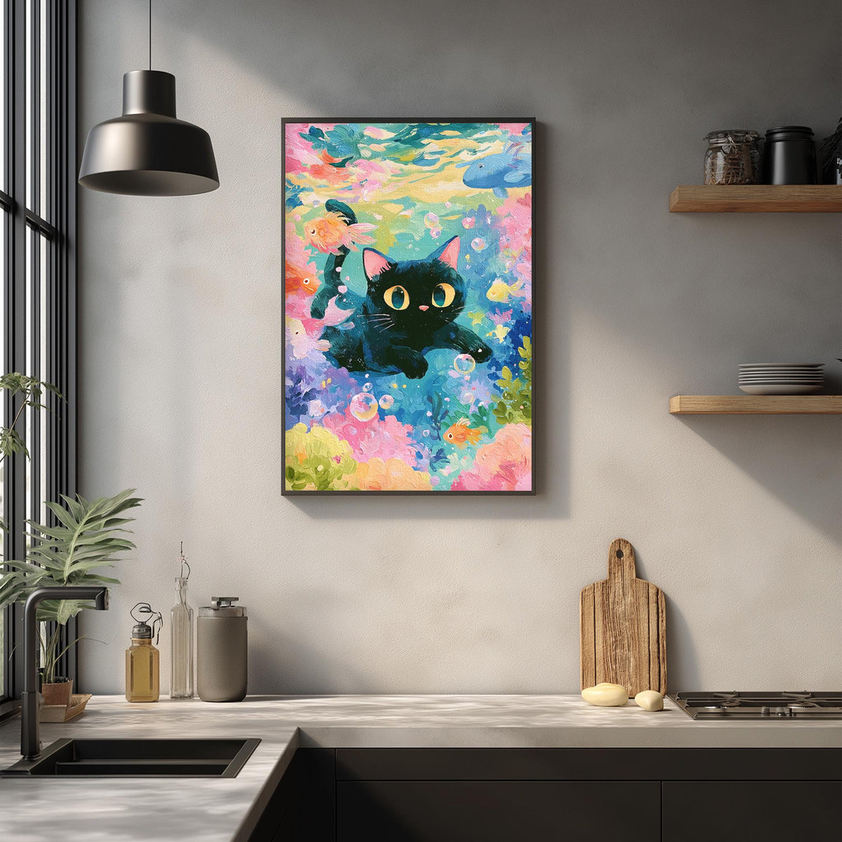 a kitchen counter with a framed painting of a black cat surrounded by colorful flowers hanging on the wall above it.
