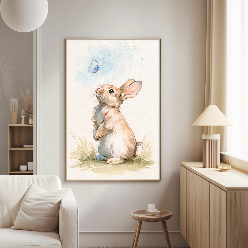 a cozy living room with a large painting of a rabbit sitting in the grass, looking up at a butterfly. The painting is hanging on the wall, and there is a white couch and a wooden side table in the room.