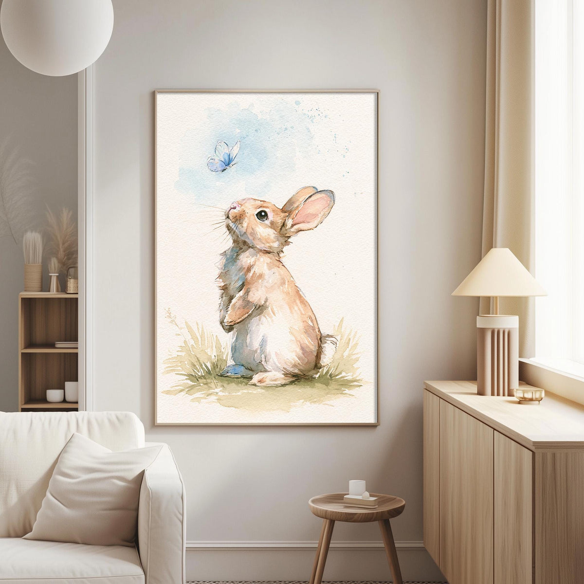 a cozy living room with a large painting of a rabbit sitting in the grass, looking up at a butterfly. The painting is hanging on the wall, and there is a white couch and a wooden side table in the room.