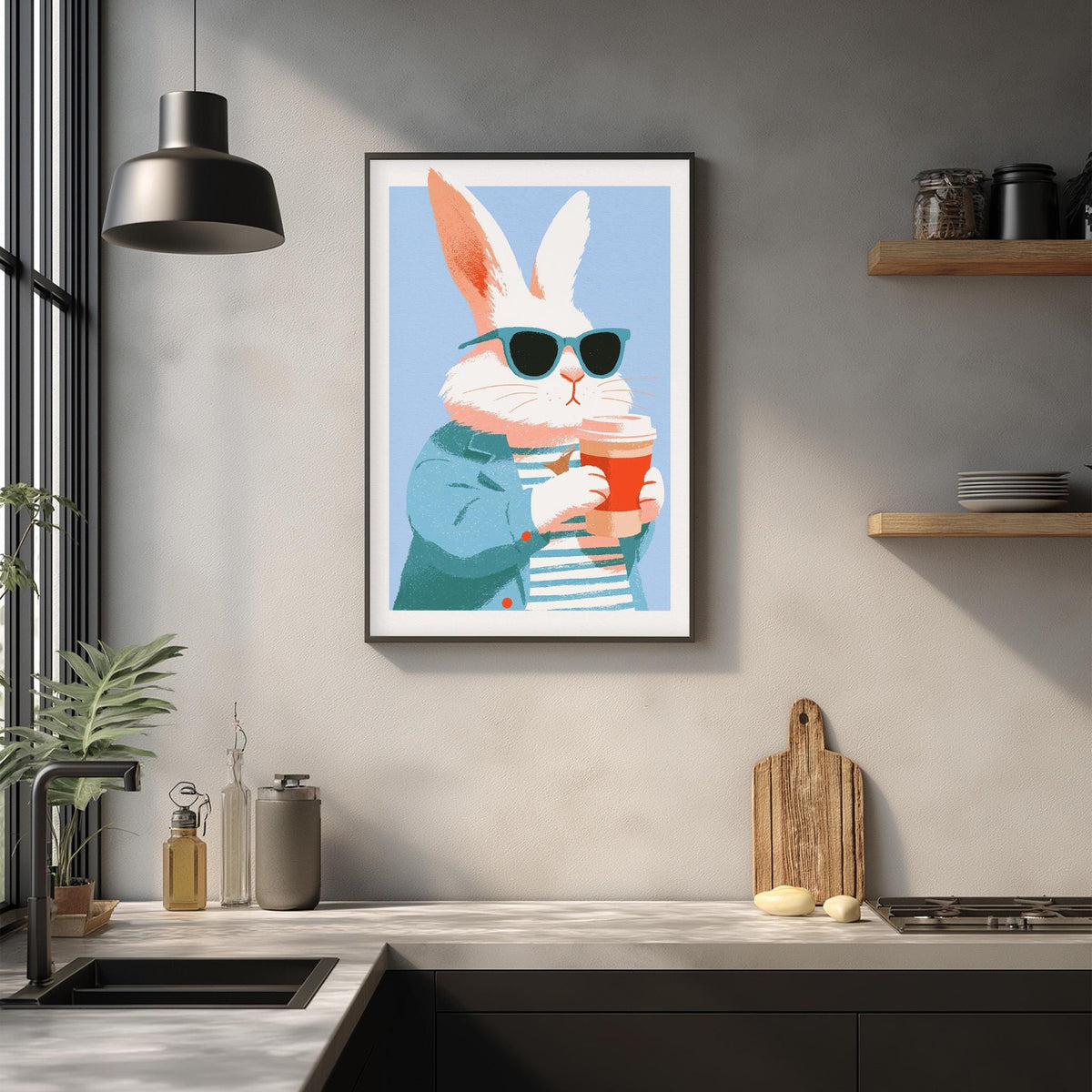 a framed illustration of a rabbit wearing sunglasses and holding a coffee cup, hanging on a wall above a kitchen counter.