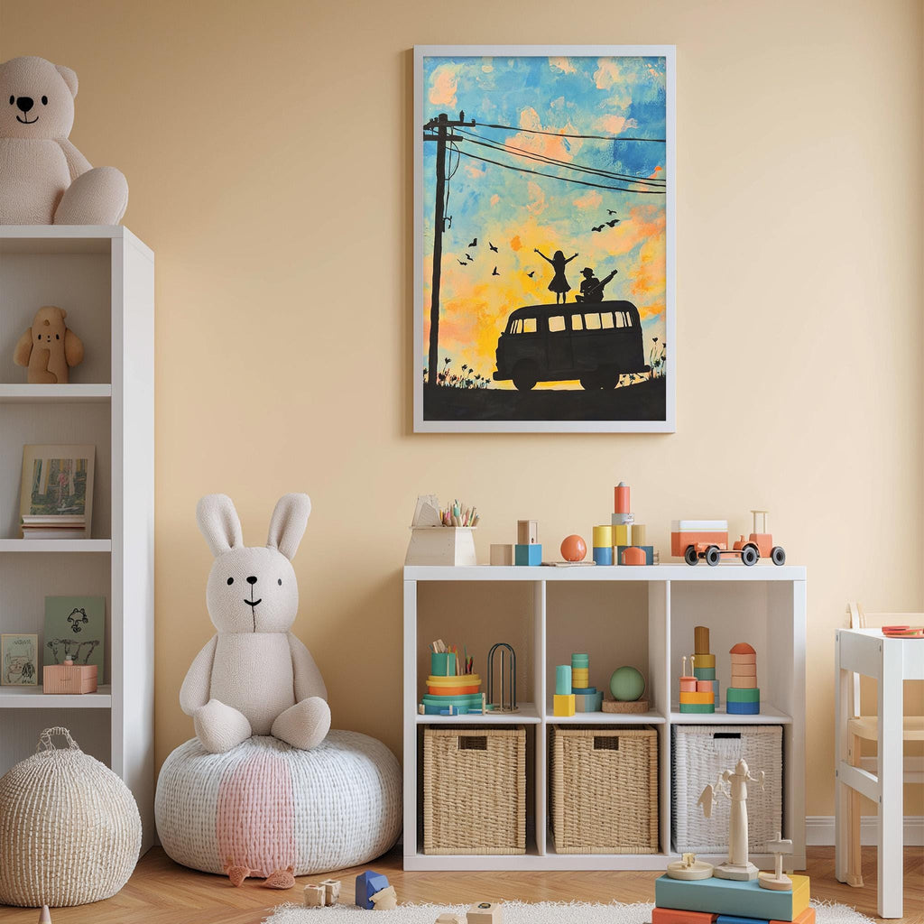 A child's bedroom with a white bookshelf, a stuffed rabbit, and a colorful painting of a bus with people on top.