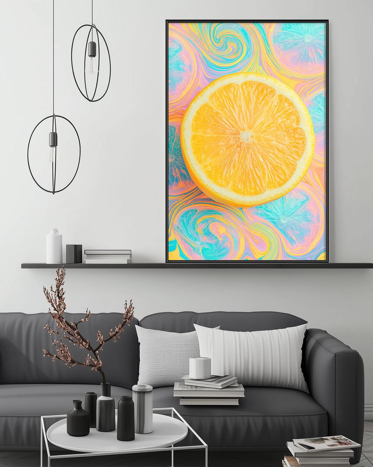 a modern living room with a gray sofa, a coffee table, and a large abstract painting of an orange slice on the wall.