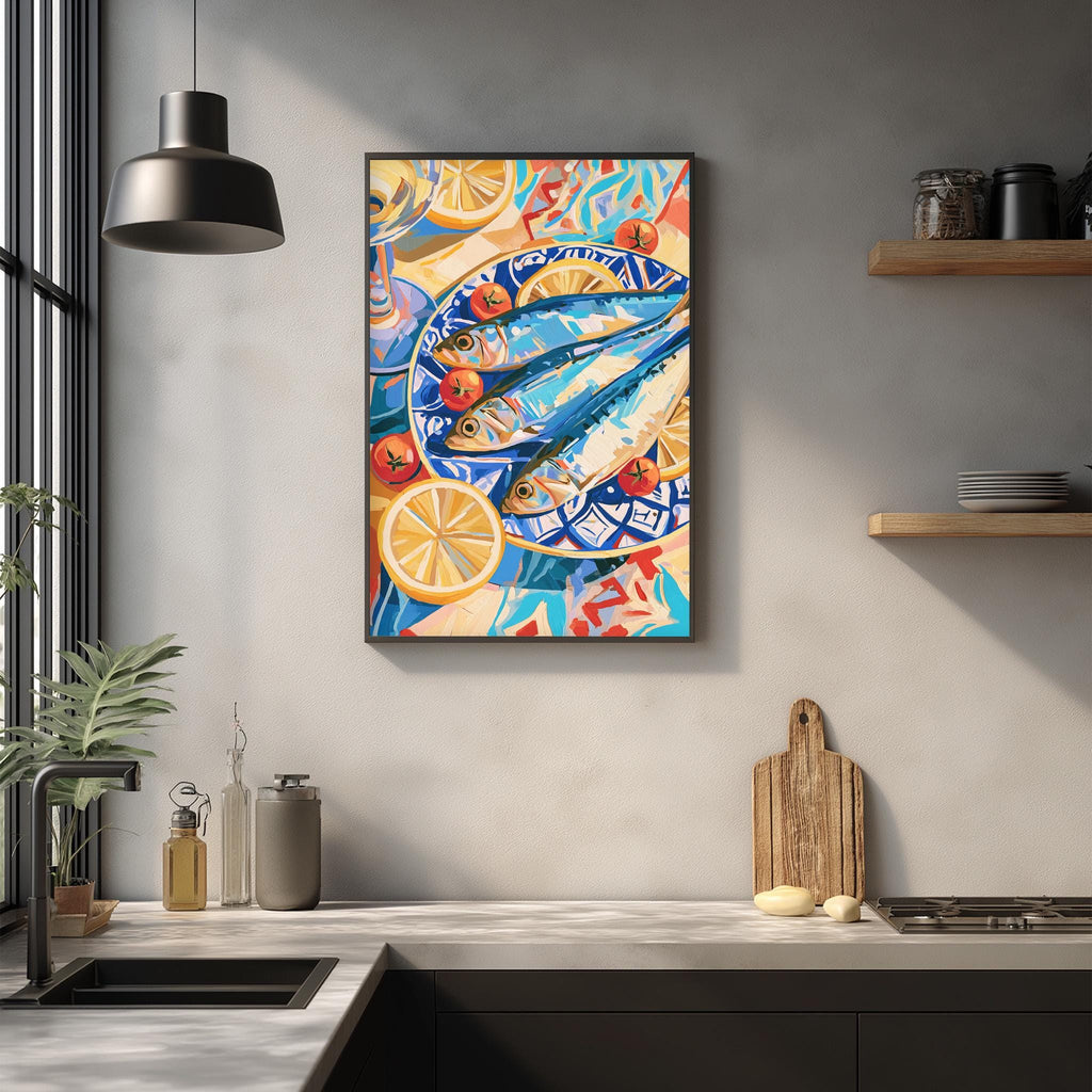 a kitchen counter with a framed painting of fish and citrus fruits hanging on the wall above it. The painting is colorful and vibrant, adding a lively touch to the kitchen decor.