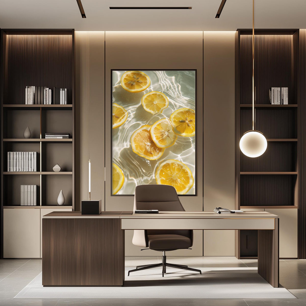 a modern office space with a large framed artwork of sliced lemons on the wall, creating a vibrant and refreshing atmosphere.