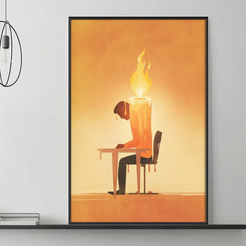 a modern living room with a gray sofa, a coffee table, and a large framed artwork depicting a person sitting at a desk with a lit candle in front of them.