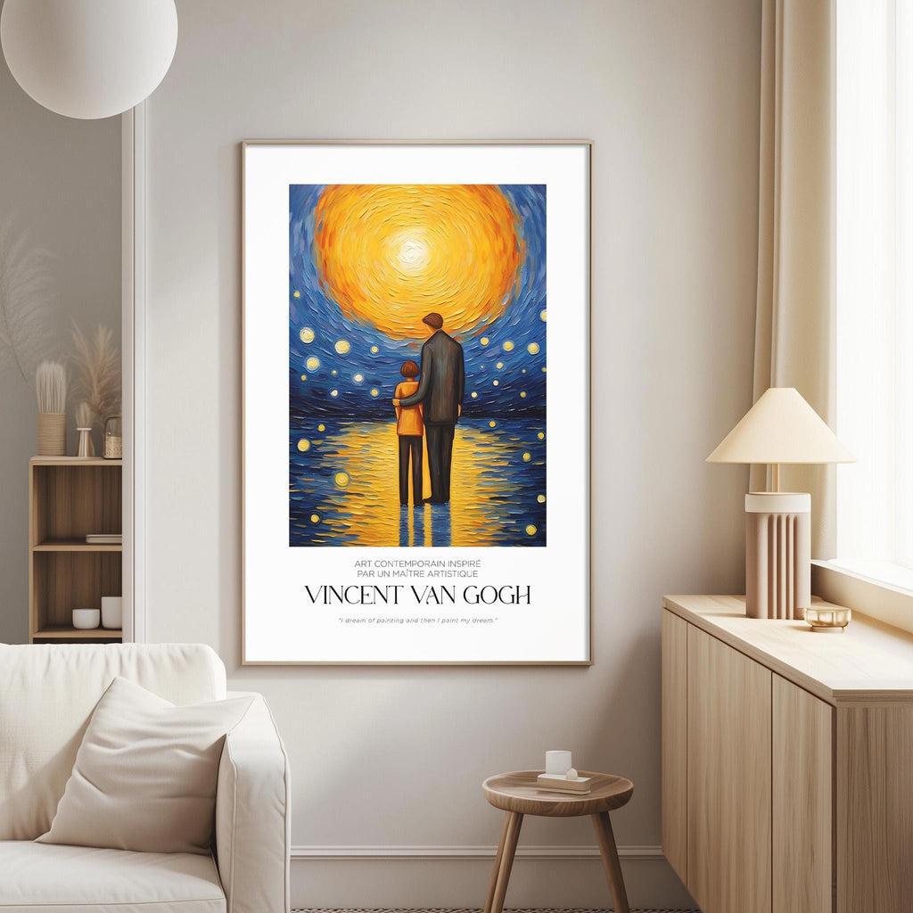 a large framed painting of a man and a child standing together under a starry sky, with a bright yellow sun in the background.
