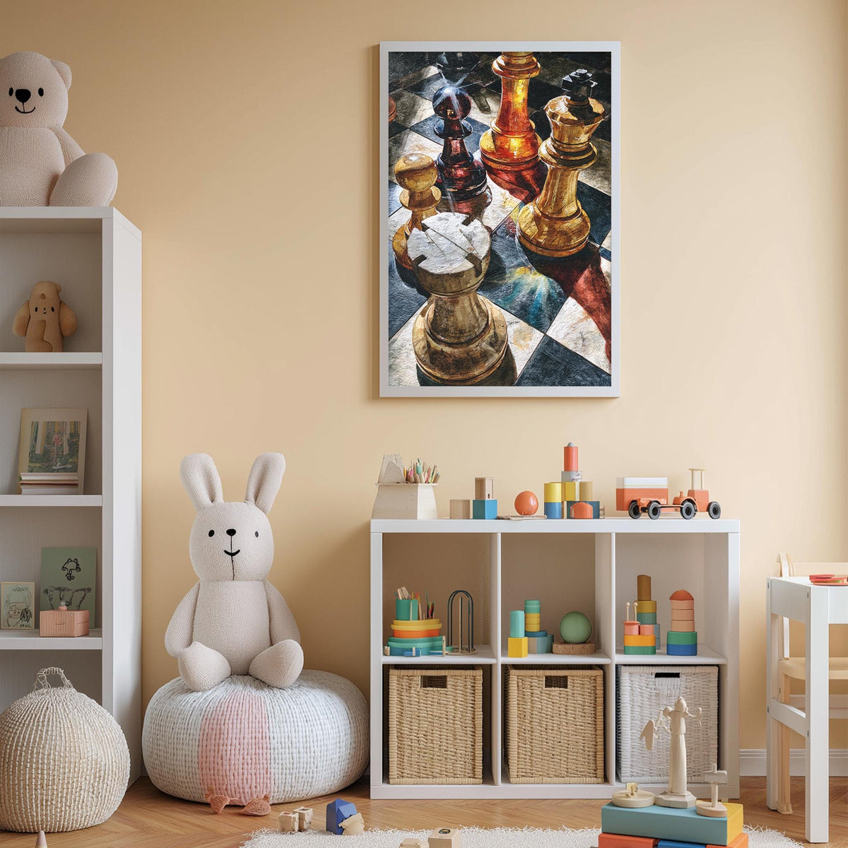 A cozy children's room with a large stuffed rabbit, a bookshelf, and a colorful painting of chess pieces on the wall.