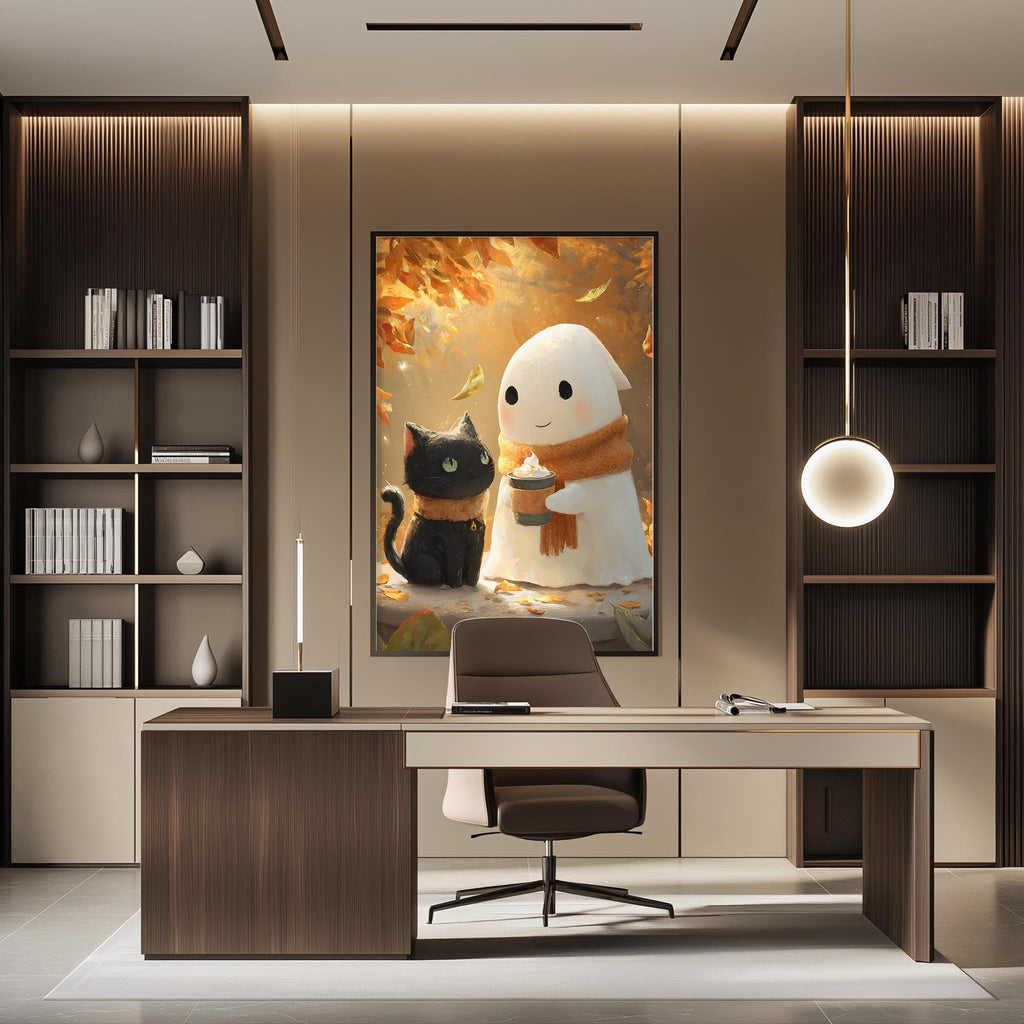 a modern office space with a large framed artwork depicting a ghost and a cat on the wall. The office has a wooden desk, a chair, and a bookshelf filled with books. The overall design and decor create a cozy and inviting atmosphere.