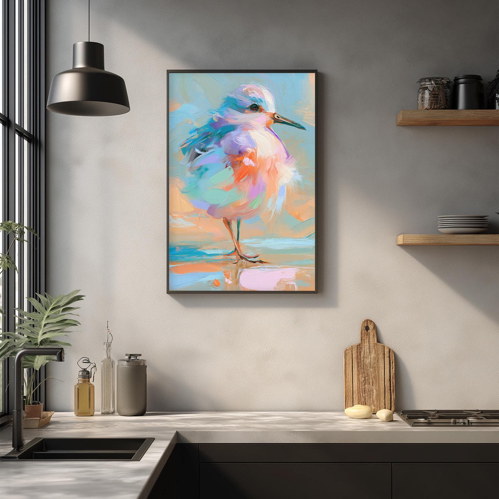 a kitchen counter with a framed painting of a colorful bird, a wooden cutting board, and various kitchen items such as a bottle, a vase, and a bowl.