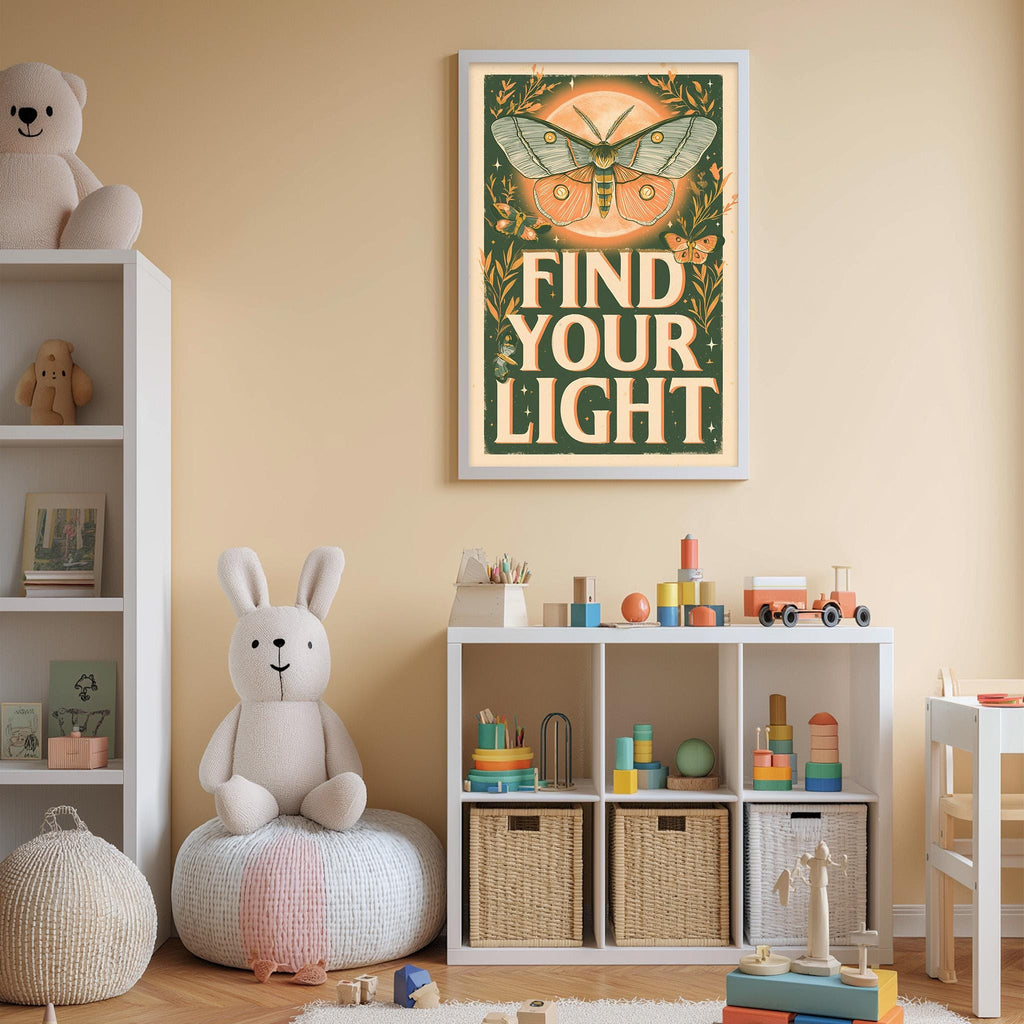 A child's bedroom with a white bookshelf, a stuffed rabbit, and a colorful poster on the wall that says "Find Your Light".