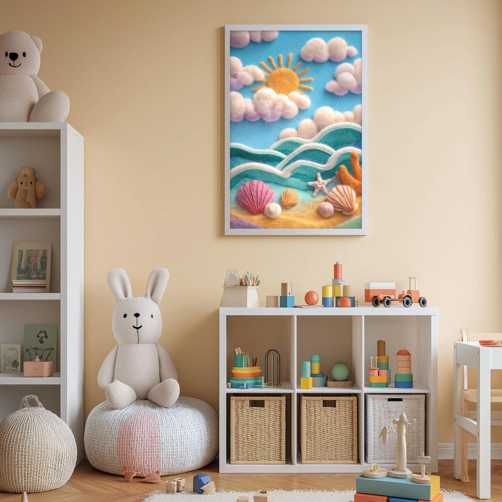 A child's bedroom with a large stuffed bunny, a toy shelf with various toys, and a framed artwork depicting a beach scene with a sun, clouds, and sea creatures.