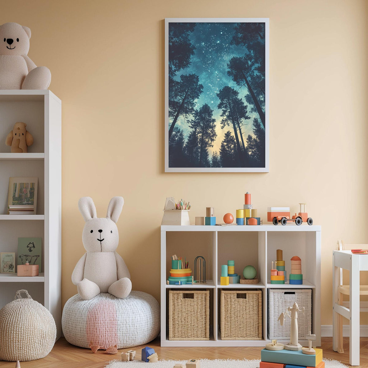 A cozy children's bedroom with a large stuffed bunny, a bookshelf, and a toy chest filled with toys. The walls are painted a light peach color, and a framed picture of a starry night sky hangs above the bed.