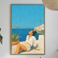 a painting of a woman sitting on a balcony overlooking the ocean, with a blue sky and palm trees in the background.