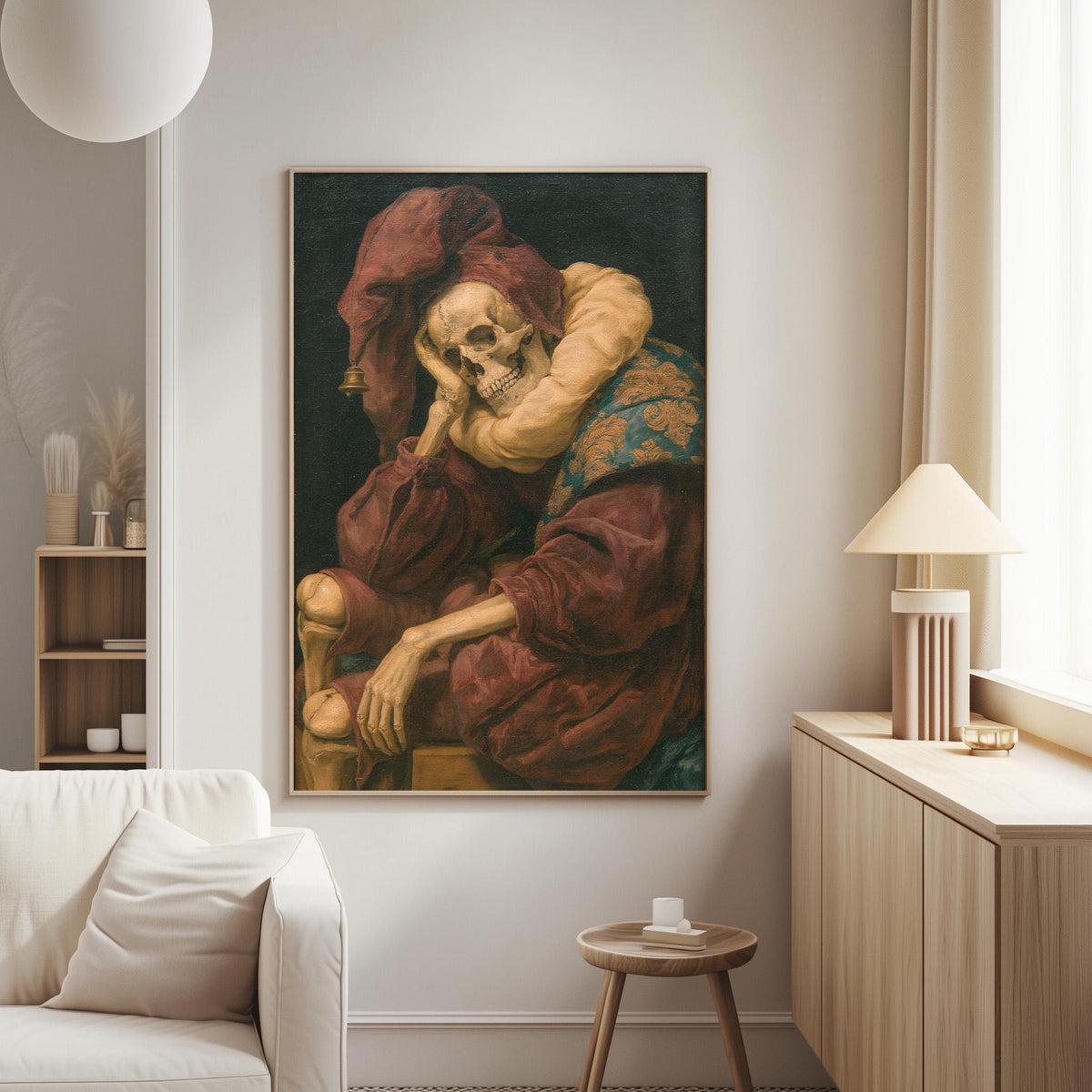 a large painting of a skeleton wearing a red robe and a yellow headdress, hanging on a wall in a living room.