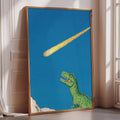 a dinosaur, specifically a T-Rex, with its mouth open, looking up at a bright yellow meteorite streaking across the night sky.