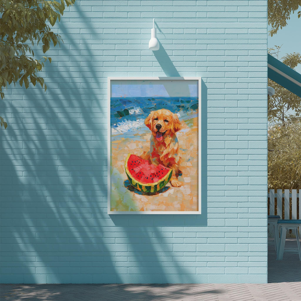 A framed painting of a golden retriever dog sitting on a beach, holding a slice of watermelon, is displayed on a blue wall.