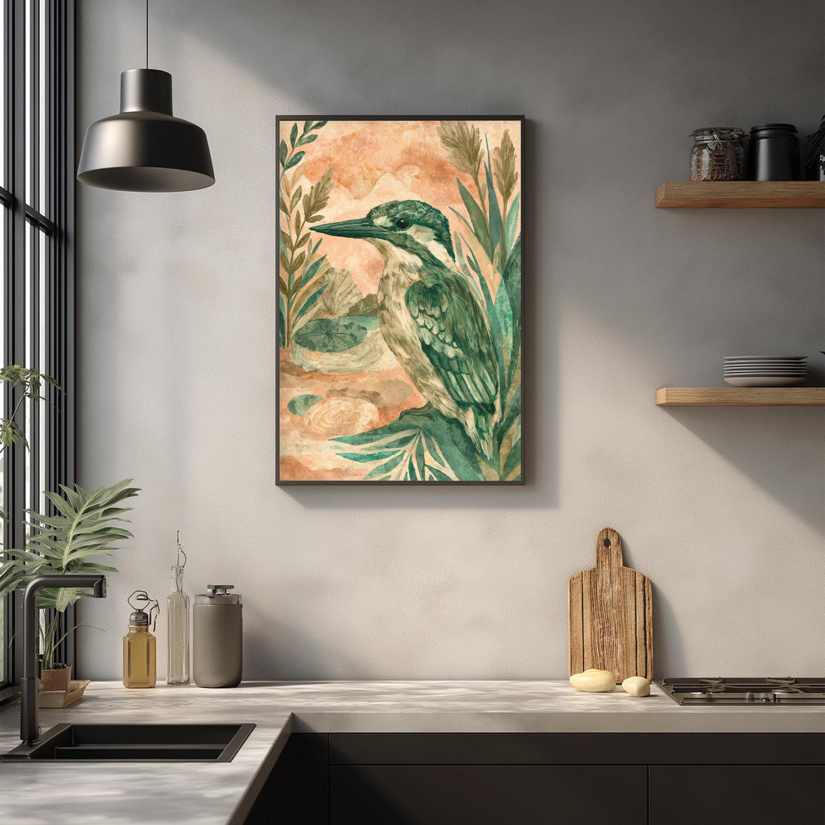 a kitchen counter with a framed painting of a green bird, a wooden cutting board, and various kitchen items such as a bottle, a cup, and a bowl.