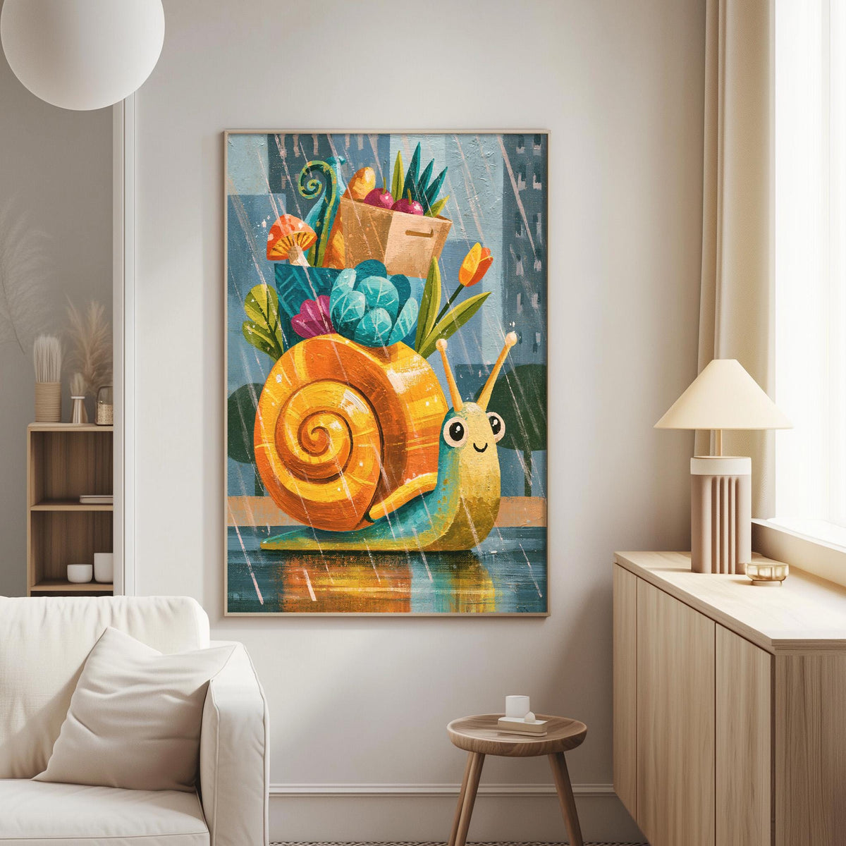 a vibrant painting of a snail on a shell, surrounded by a variety of colorful flowers and plants, set against a backdrop of a rainy day.