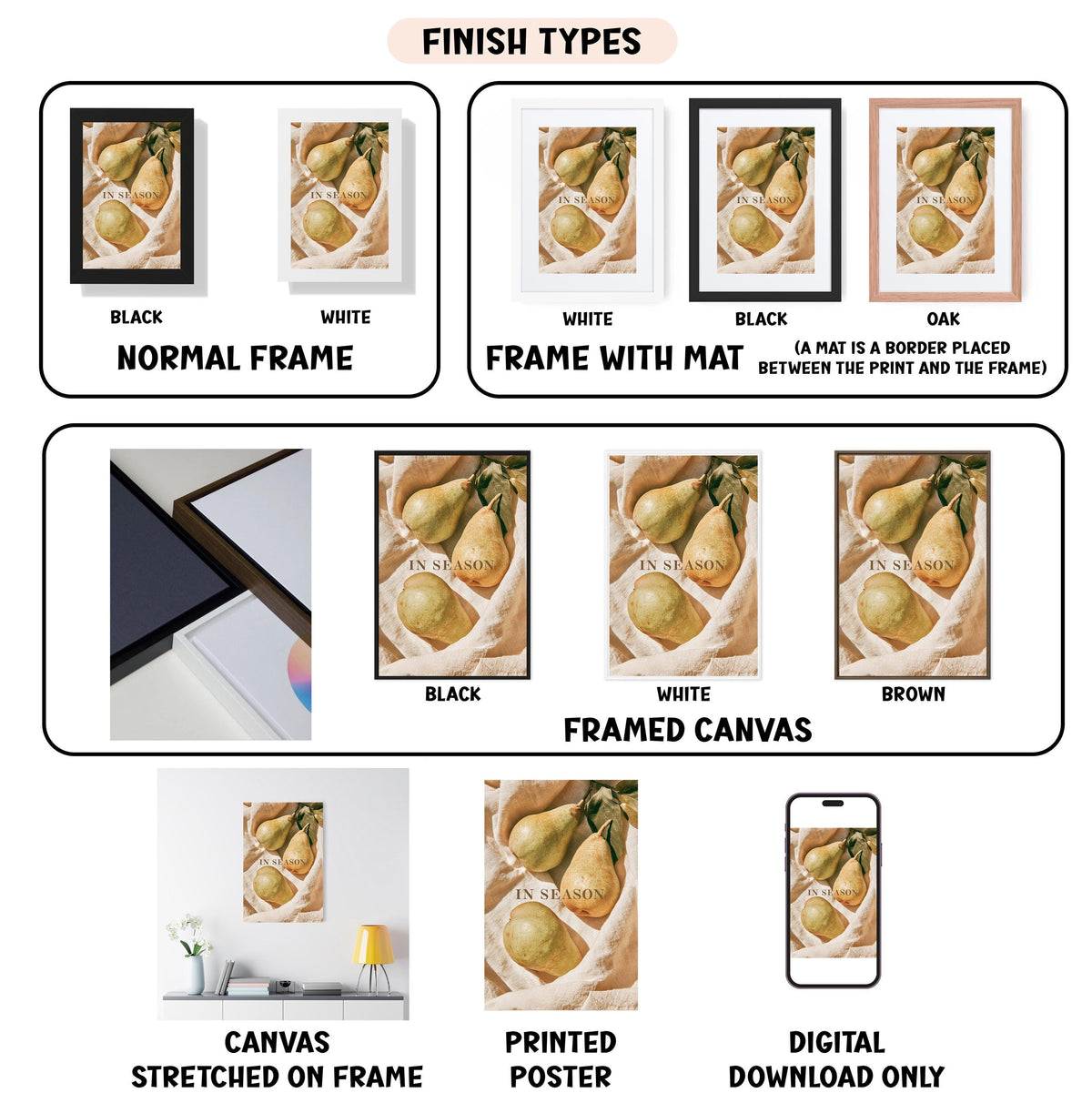 various finish types for a framed artwork, including a normal frame, a frame with a mat, a black frame, a white frame, a black frame, a white frame with a mat, a brown frame, a framed canvas, a stretched canvas on a frame, a printed poster, and a digital download only.