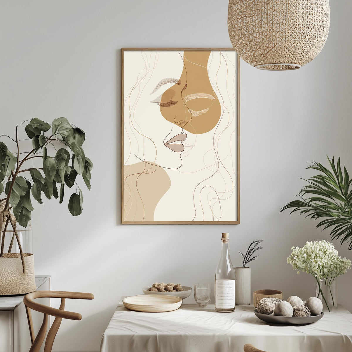 a minimalist dining room with a table set for two, a potted plant, a framed abstract portrait, and a hanging light fixture.