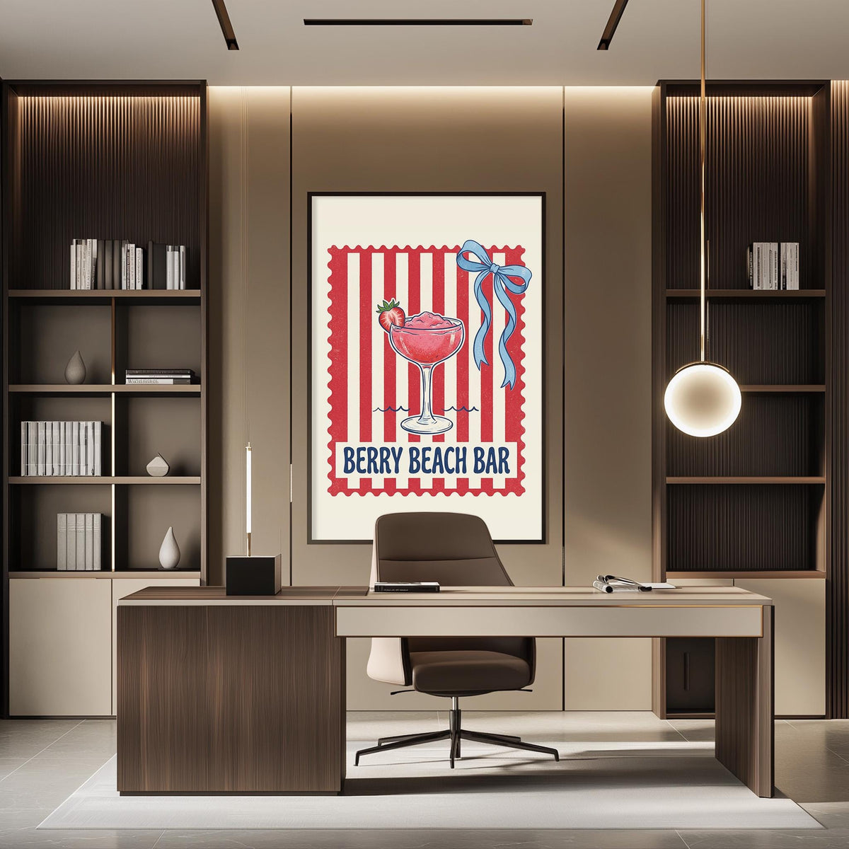a modern office space with a desk, chair, and bookshelves. A framed poster of a cocktail glass with a red ribbon is displayed on the wall, and a hanging light fixture is visible above the desk.