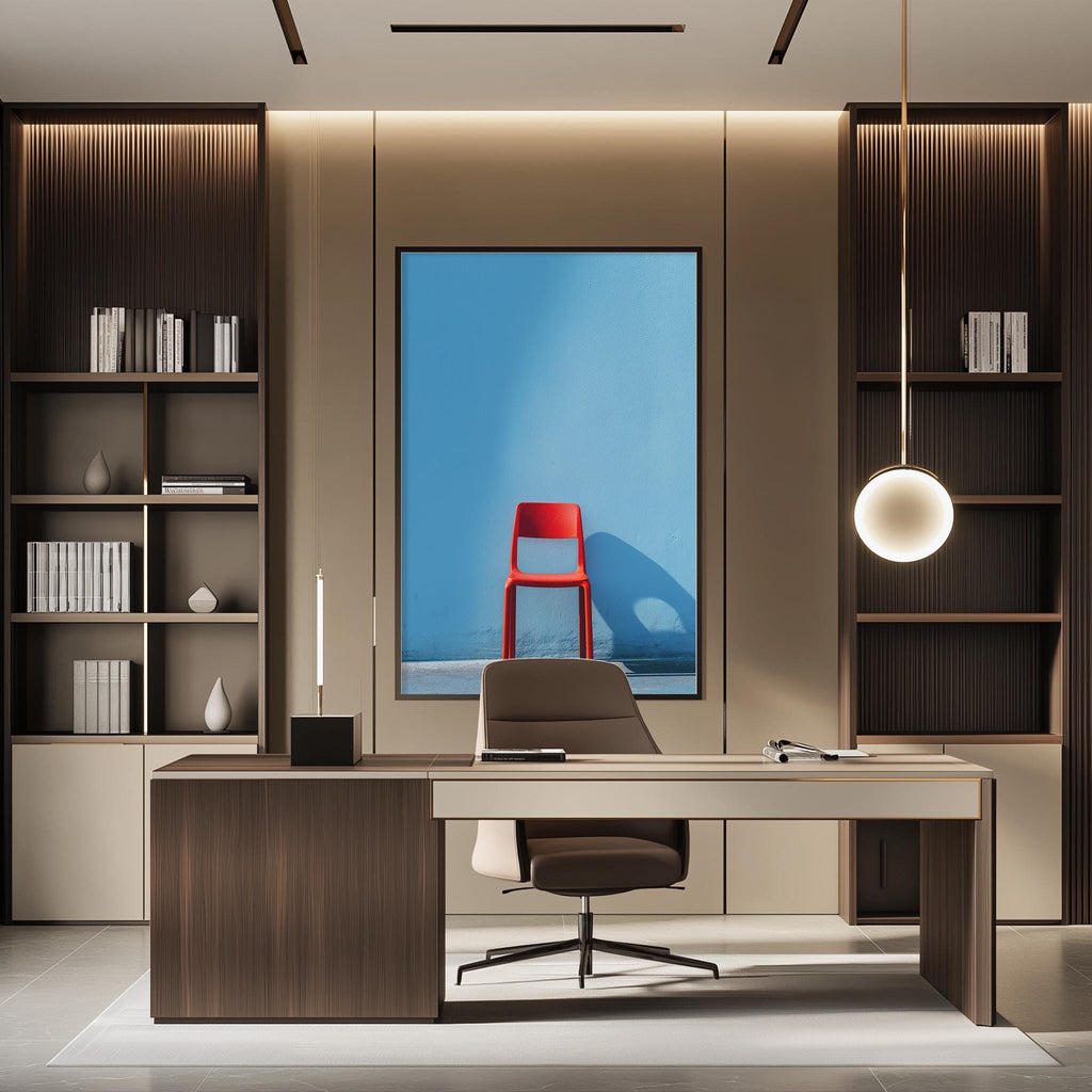 a modern and minimalist office space with a large window, a wooden desk, a red chair, and a large abstract painting on the wall.