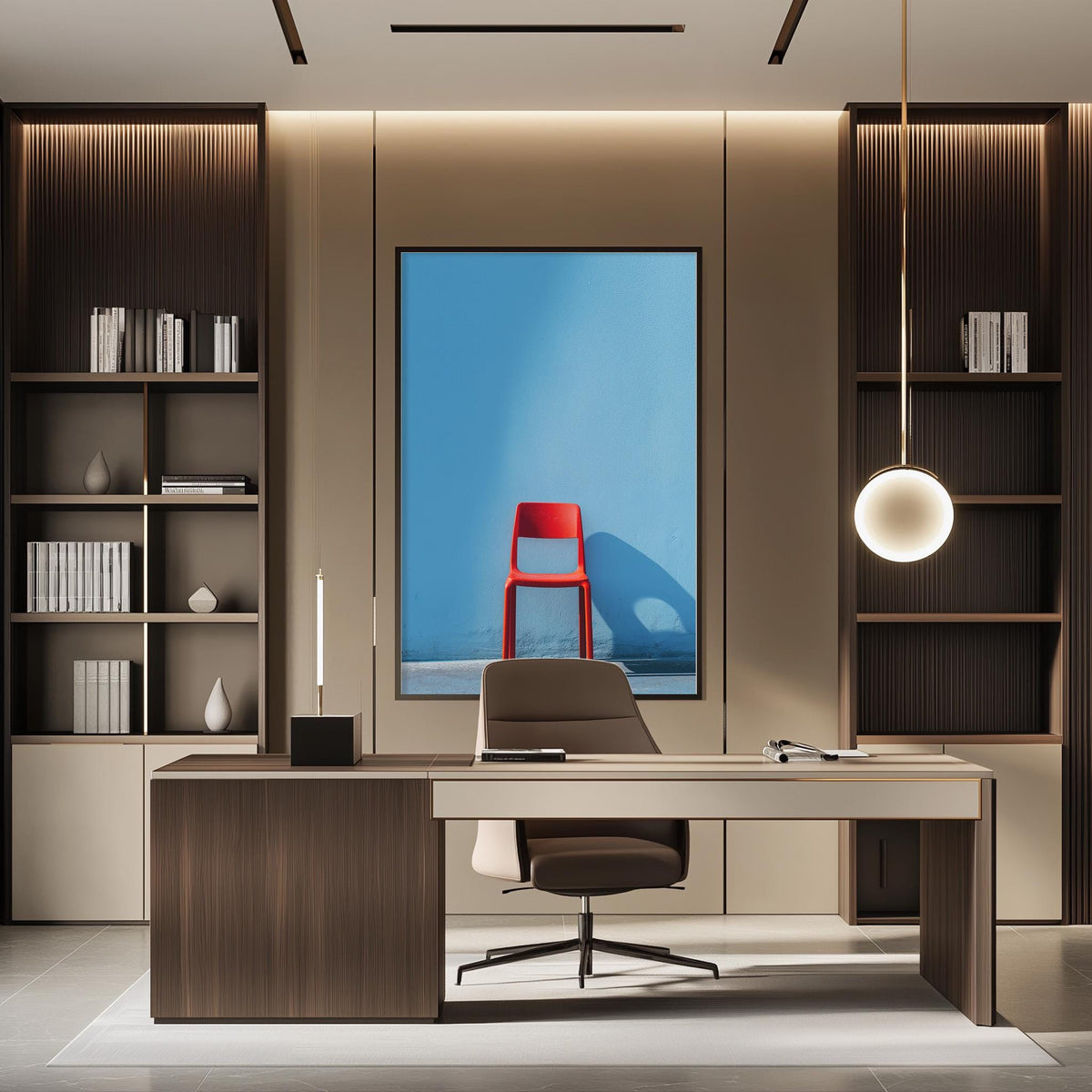 a modern and minimalist office space with a large window, a wooden desk, a red chair, and a large abstract painting on the wall.